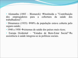 Alemanha (1883 – Bismarck)   Instituída a ”Contribuição dos empregadores para a cobertura da saúde dos trabalhadores”. Dinamarca (1935)   90% da população estava coberta pelo seguro-saúde; 1940 a 1950   sistemas de saúde dos países mais ricos; Europa Ocidental – “Estados de Bem-Estar Social”  a assistência à saúde integrou-se às políticas sociais. 