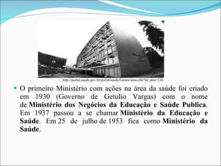 O primeiro Ministério com ações na área da saúde foi criado em 1930 (Governo de Getulio Vargas) com o nome de  Ministério dos Negócios da Educação e Saúde Publica . Em 1937 passou a se chamar  Ministério da Educação e Saúde . Em 25 de julho de 1953 fica como  Ministério da Saúde . http://portal.saude.gov.br/portal/saude/Gestor/area.cfm?id_area=126 