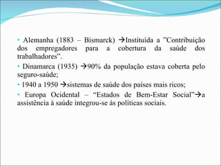 Alemanha (1883 – Bismarck)   Instituída a ”Contribuição dos empregadores para a cobertura da saúde dos trabalhadores”. Dinamarca (1935)   90% da população estava coberta pelo seguro-saúde; 1940 a 1950   sistemas de saúde dos países mais ricos; Europa Ocidental – “Estados de Bem-Estar Social”  a assistência à saúde integrou-se às políticas sociais. 