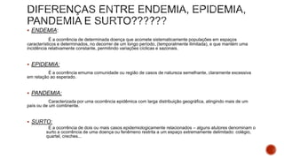  ENDEMIA:
É a ocorrência de determinada doença que acomete sistematicamente populações em espaços
característicos e determinados, no decorrer de um longo período, (temporalmente ilimitada), e que mantém uma
incidência relativamente constante, permitindo variações cíclicas e sazonais.
 EPIDEMIA:
É a ocorrência emuma comunidade ou região de casos de natureza semelhante, claramente excessiva
em relação ao esperado.
 PANDEMIA:
Caracterizada por uma ocorrência epidêmica com larga distribuição geográfica, atingindo mais de um
país ou de um comtinente.
 SURTO:
É a ocorrência de dois ou mais casos epidemiologicamente relacionados – alguns atutores denominam o
surto a ocorrência de uma doença ou fenêmeno restrita a um espaço extremamente delimitado: colégio,
quartel, creches...
 