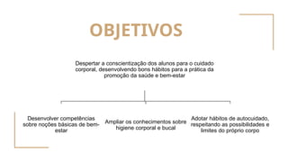 OBJETIVOS
Despertar a conscientização dos alunos para o cuidado
corporal, desenvolvendo bons hábitos para a prática da
promoção da saúde e bem-estar
Desenvolver competências
sobre noções básicas de bem-
estar
Ampliar os conhecimentos sobre
higiene corporal e bucal
Adotar hábitos de autocuidado,
respeitando as possibilidades e
limites do próprio corpo
 
