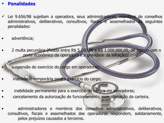 Penalidades Lei 9.656/98 sujeitam a operadora, seus administradores, membros de conselhos administrativos, deliberativos, consultivos, fiscais e assemelhados às seguintes penalidades: advertência; 2 multa pecuniária (fixada entre R$ 5.000,00 e R$ 1.000.000,00, de acordo com o  porte econômico da operadora e a gravidade da infração); suspensão do exercício do cargo em operadoras; inabilidade temporária para o exercício do cargo; inabilidade permanente para o exercício de cargos em operadoras; cancelamento da autorização de funcionamento, com alienação da carteira. administradores e membros dos conselhos administrativos, deliberativos, consultivos, fiscais e assemelhados das operadoras respondem, solidariamente,  pelos prejuízos causados a terceiros. 
