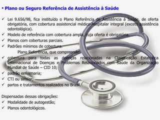 Plano ou Seguro Referência de Assistência à Saúde Lei 9.656/98, fica instituído o Plano Referência de Assistência à Saúde, de oferta obrigatória, com cobertura assistencial médico-hospitalar integral (exceto assistência odontológica). Modelo de referência com cobertura ampla, cuja oferta é obrigatória. Planos com coberturas parciais. Padrões mínimos de cobertura. Plano Referência, que compreende: cobertura para todas as doenças relacionadas na Classificação Estatística Internacional de Doenças e Problemas Relacionados com Saúde da Organização Mundial de Saúde – CID 10; padrão enfermaria; CTI ou similar; partos e tratamentos realizados no Brasil. Dispensadas dessas obrigações: Modalidade de autogestão; Planos odontológicos. 