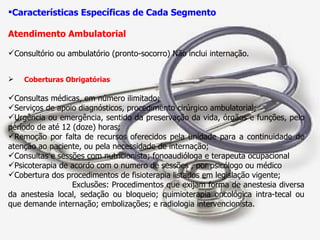 Características Específicas de Cada Segmento Atendimento Ambulatorial Consultório ou ambulatório (pronto-socorro) Não inclui internação. Coberturas Obrigatórias Consultas médicas, em número ilimitado; Serviços de apoio diagnósticos, procedimento cirúrgico ambulatorial; Urgência ou emergência, sentido da preservação da vida, órgãos e funções, pelo período de até 12 (doze) horas; Remoção por falta de recursos oferecidos pela unidade para a continuidade de atenção ao paciente, ou pela necessidade de internação; Consultas e sessões com nutricionista; fonoaudióloga e terapeuta ocupacional Psicoterapia de acordo com o numero de sessões , por psicólogo ou médico Cobertura dos procedimentos de fisioterapia listados em legislação vigente; Exclusões: Procedimentos que exijam forma de anestesia diversa da anestesia local, sedação ou bloqueio; quimioterapia oncológica intra-tecal ou que demande internação; embolizações; e radiologia intervencionista. 