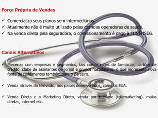 Força Própria de Vendas Comercializa seus planos sem intermediários. Atualmente não é muito utilizado pelas grandes operadoras de saúde. Na venda direta pela seguradora, o comissionamento é pago à FUNENSEG. Canais Alternativos Parcerias com empresas e segmentos, tais como: redes de farmácias, cartões de crédito, clube de assinantes de jornal e grupos hospitalares, o que representa nova fonte de rendimentos também para o parceiro. Venda através da televisão, nos países desenvolvidos, como os EUA. Venda Direta e o Marketing Direto, venda por telefone (telemarketing), malas diretas, internet etc. 
