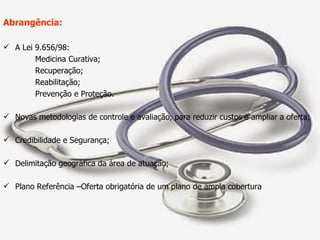 Abrangência: A Lei 9.656/98: Medicina Curativa; Recuperação; Reabilitação; Prevenção e Proteção. Novas metodologias de controle e avaliação, para reduzir custos e ampliar a oferta; Credibilidade e Segurança; Delimitação geográfica da área de atuação; Plano Referência –Oferta obrigatória de um plano de ampla cobertura 
