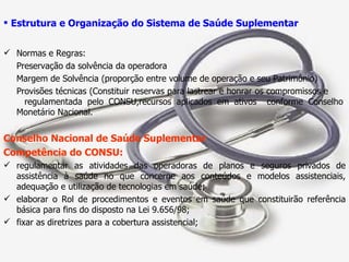 Estrutura e Organização do Sistema de Saúde Suplementar Normas e Regras: Preservação da solvência da operadora Margem de Solvência (proporção entre volume de operação e seu Patrimônio) Provisões técnicas (Constituir reservas para lastrear e honrar os compromissos e  regulamentada pelo CONSU,recursos aplicados em ativos  conforme Conselho Monetário Nacional. Conselho Nacional de Saúde Suplementar Competência do CONSU: regulamentar as atividades das operadoras de planos e seguros privados de assistência à saúde no que concerne aos conteúdos e modelos assistenciais, adequação e utilização de tecnologias em saúde; elaborar o Rol de procedimentos e eventos em saúde que constituirão referência básica para fins do disposto na Lei 9.656/98; fixar as diretrizes para a cobertura assistencial;  