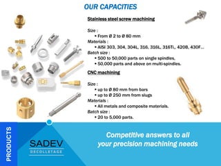 PRODUCTS
Stainless steel screw machining
Size :
 From Ø 2 to Ø 80 mm
Materials :
 AISI 303, 304, 304L, 316, 316L, 316Ti,, 420B, 430F…
Batch size :
 500 to 50,000 parts on single spindles,
 50,000 parts and above on multi-spindles.
CNC machining
Size :
 up to Ø 80 mm from bars
 up to Ø 250 mm from slugs
Materials :
 All metals and composite materials.
Batch size :
 20 to 5,000 parts.
Competitive answers to all
your precision machining needs
OUR CAPACITIES
 