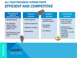 ALL YOUR PRECISION TURNED PARTS
EFFICIENT AND COMPETITIVE
We supply all
types of
mechanical parts
• All dimensions
• All materials
(steel, brass,
stainless steel,
plastic, etc.)
• Small/medium and
large production
runs
Technical
services
• Heat treatment,
• Surface treatment,
• Welding, crimping
• Assemblies.
Logistics
services
• Consignment
stock in France
• Worldwide
deliveries
• JIT delivery
Commercial
services
• Partnership with
local or foreign
manufacturers
• Assistance on
low-cost markets
(customs
formalities, on-site
inspection,
organising
transport)
SERVICES
 