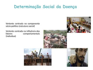 Determinação Social da Doença
Vertente centrada no componente
sócio-político (estrutura social)
Vertente centrada na influência dos
fatores comportamentais
(indivíduo)
 