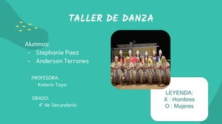 TALLER DE DANZA
Alumnos:
- Stephanie Paez
- Anderson Terrones
PROFESORA:
Katerin Taya
GRADO:
4° de Secundaria
LEYENDA:
X : Hombres
O : Mujeres
 