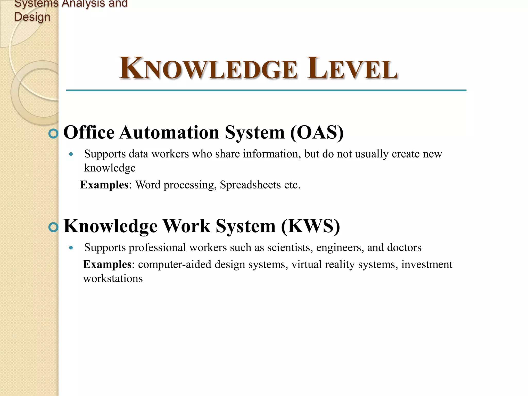 Systems Analysis and
Design



                    KNOWLEDGE LEVEL
      Office Automation                  System (OAS)
             Supports data workers who share information, but do not usually create new
              knowledge
             Examples: Word processing, Spreadsheets etc.


      Knowledge              Work System (KWS)
            Supports professional workers such as scientists, engineers, and doctors
             Examples: computer-aided design systems, virtual reality systems, investment
             workstations
 