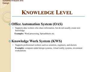 Systems Analysis and
Design



                    KNOWLEDGE LEVEL
      Office Automation                  System (OAS)
             Supports data workers who share information, but do not usually create new
              knowledge
             Examples: Word processing, Spreadsheets etc.


      Knowledge              Work System (KWS)
            Supports professional workers such as scientists, engineers, and doctors
             Examples: computer-aided design systems, virtual reality systems, investment
             workstations
 