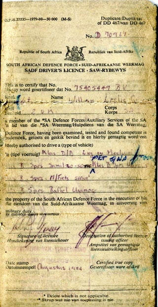 WL Grieve SADF Drivers Licence