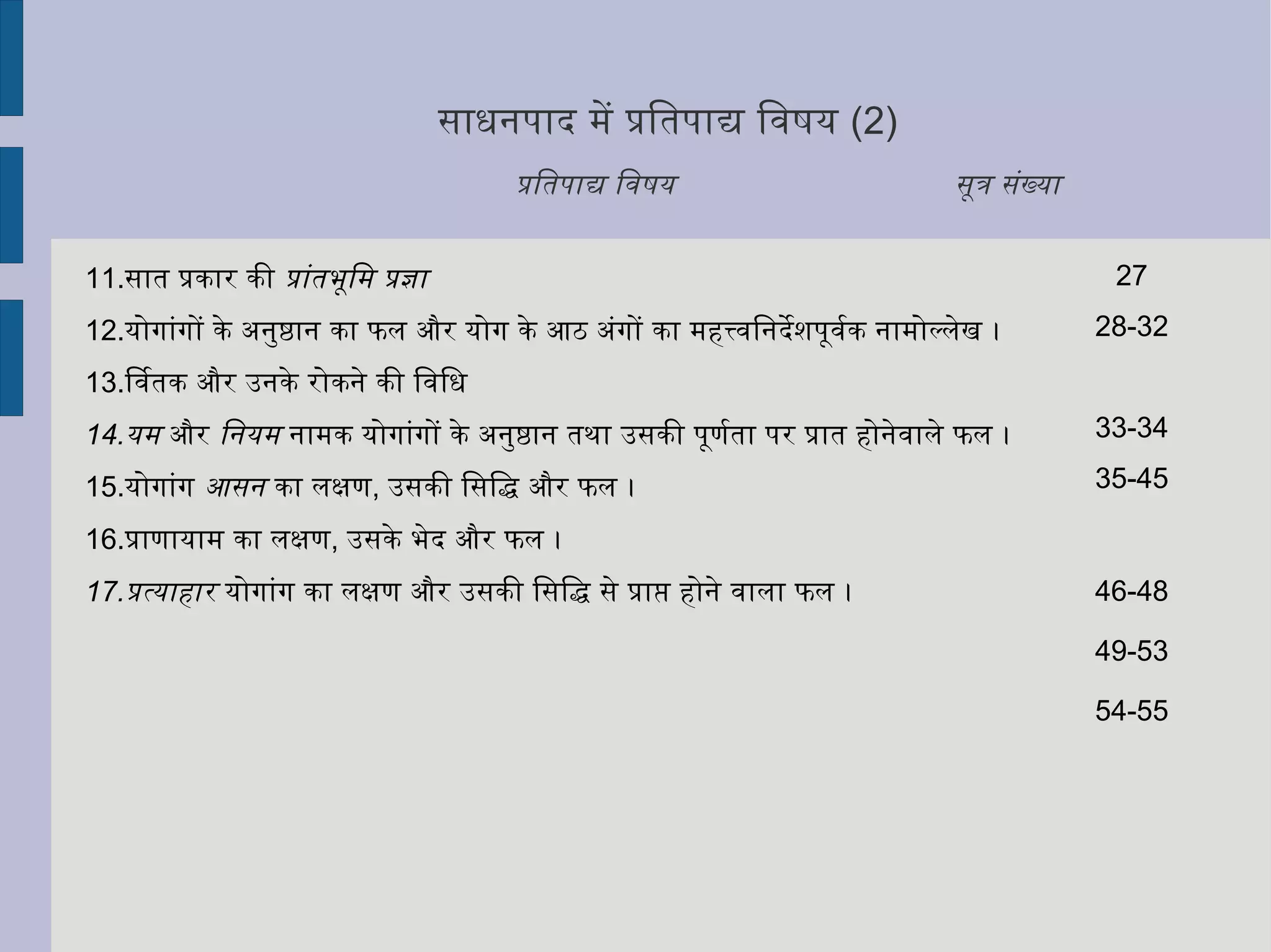 साधनपाद में प्रतिपाद्य विषय  (2)   प्रतिपाद्य विषय  सूत्र संख्या सात प्रकार की  प्रांतभूमि   प्रज्ञा योगांगों के अनुष्ठान का फल और योग के आठ अंगों का महत्त्वनिर्देशपूर्वक नामोल्लेख । वितर्क और उनके रोकने की विधि यम  और  नियम  नामक योगांगों के अनुष्ठान तथा उसकी पूर्णता पर प्रात होनेवाले फल । योगांग  आसन  का लक्षण ,  उसकी सिद्धि और फल । प्राणायाम का लक्षण ,  उसके भेद और फल । प्रत्याहार  योगांग का लक्षण और उसकी सिद्धि से प्राप्त होने वाला फल । 27 28-32 33-34 35-45 46 -48 49-53 54-55 