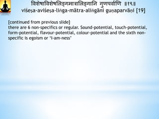 ववशेषाववशेषभलङ्गमात्राभलङ्गानन गुिपवाथणि ॥१९॥
viśeṣa-aviśeṣa-liṅga-mātra-aliṅgāni guṇaparvāṇi [19]
[continued from previous slide]
there are 6 non-specifics or regular. Sound-potential, touch-potential,
form-potential, flavour-potential, colour-potential and the sixth non-
specific is egoism or ‘I-am-ness’
 