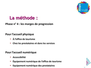 La méthode :
Phase n° 4 : les marges de progression


Pour l’accueil physique
    À l’office de tourisme
    Chez les prestataires et dans les services


Pour l’accueil numérique
    Accessibilité
    Équipement numérique de l’office de tourisme
    Equipement numérique des prestataires
 