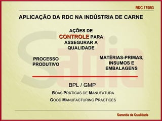 RDC 175/03

APLICAÇÃO DA RDC NA INDÚSTRIA DE CARNE

               AÇÕES DE
            CONTROLE PARA
             ASSEGURAR A
              QUALIDADE

    PROCESSO                    MATÉRIAS-PRIMAS,
    PRODUTIVO                      INSUMOS E
                                  EMBALAGENS


                 BPL / GMP
          BOAS PRÁTICAS DE MANUFATURA
         GOOD MANUFACTURING PRACTICES


            Gerência de Garantia da Qualidade Qualidade
                                      3
                                      Garantia da
 