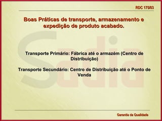 RDC 175/03


  Boas Práticas de transporte, armazenamento e
         expedição de produto acabado.




   Transporte Primário: Fábrica até o armazém (Centro de
                        Distribuição)

Transporte Secundário: Centro de Distribuição até o Ponto de
                          Venda




                 Gerência de Garantia da Qualidade Qualidade
                                           38
                                           Garantia da
 