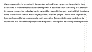 • Close cooperation is important if the members of an Eskimo group are to survive in their
harsh land. Group members would work together in activities such as hunting. For example,
in eastern groups, ten to twelve hunters would be needed to harpoon seals at their breathing
holes in the winter sea ice. Much larger groups - over 100 people - would work together to
hunt caribou and large sea mammals such as whales. Some activities are carried out by
individuals and small family groups - tracking bears, fishing with nets and gathering berries.
 