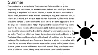 Summer
• The sun begins to shine in the Tundra around February-March. In the
beginning, the sun shines for a maximum of an hour and a half and then sets.
Gradually, it lengthens to 2 hours, 6 hours, 8 hours, 16 hours, and finally 24
hours! Then, for almost three months from May to July, the sun never sets, it
shines all 24 hours. But the sun does not rise overhead; it just hovers a little
above the horizon (The horizon is the place where the earth appears to meet
the sky). Since the sun does not go high up in the sky, it is never very warm.
Even in the three months of summer, it is cold. But it is comparatively less
cold than the winter months. Due to the relatively warm weather, some of the
ice melts. The rivers which are frozen during the winter melt and begin to flow.
The lakes fill up, and huge chunks of ice break off and float into the ocean as
icebergs. The land which was frozen and desolate in winter comes alive with
color during summer. When summer approaches, many multi-colored plants,
lichens, grass, shrubs and berries sprout all around. They bear flowers and
fruits of different colors. Many birds and animals come to feed on them
 