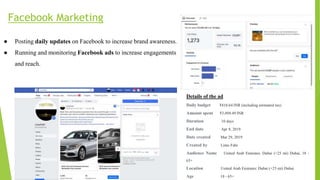Facebook Marketing
● Posting daily updates on Facebook to increase brand awareness.
● Running and monitoring Facebook ads to increase engagements
and reach.
Details of the ad
Daily budget ₹410.64 INR (including estimated tax)
Amount spent ₹3,494.49 INR
Duration 10 days
End date Apr 8, 2019
Date created Mar 29, 2019
Created by Limo Fahr
Audience Name United Arab Emirates: Dubai (+25 mi) Dubai, 18 -
65+
Location United Arab Emirates: Dubai (+25 mi) Dubai
Age 18 - 65+
 
