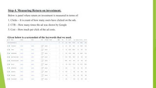 Step 4. Measuring Return on investment.
Below is panel where return on investment is measured in terms of:
1. Clicks – It is count of how many users have clicked on the ads.
2. CTR – How many times the ad was shown by Google
3. Cost – How much per click of the ad costs.
Given below is a screenshot of the keywords that we used.
 