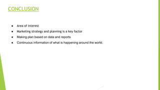 CONCLUSION
● Area of interest
● Marketing strategy and planning is a key factor
● Making plan based on data and reports
● Continuous information of what is happening around the world.
 