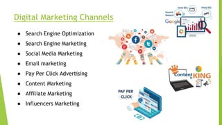 Digital Marketing Channels
● Search Engine Optimization
● Search Engine Marketing
● Social Media Marketing
● Email marketing
● Pay Per Click Advertising
● Content Marketing
● Affiliate Marketing
● Influencers Marketing
 