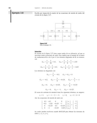 102 Capítulo 3 Métodos de análisis
Solución:
El circuito de la figura 3.27 tiene cuatro nodos de no referencia, así que se
necesitan cuatro ecuaciones de nodo. Esto implica que el tamaño de la matriz
de conductancia G es de 4 por 4. Los términos diagonales de G, en siemens,
son
G11 ϭ ϩ ϭ 0.3, G22 ϭ ϩ ϩ ϭ 1.325
G33 ϭ ϩ ϩ ϭ 0.5, G44 ϭ ϩ ϩ ϭ 1.625
Los términos no diagonales son
G12 ϭ Ϫ ϭ Ϫ0.2, G13 ϭ G14 ϭ 0
G21 ϭ Ϫ0.2, G23 ϭ Ϫ ϭ Ϫ0.125, G24 ϭ Ϫ ϭ Ϫ1
G31 ϭ 0, G32 ϭ Ϫ0.125, G34 ϭ Ϫ ϭ Ϫ0.125
G41 ϭ 0, G42 ϭ Ϫ1, G43 ϭ Ϫ0.125
El vector de corriente de entrada i tiene los siguientes términos, en amperes:
i1 ϭ 3, i2 ϭ Ϫ1 Ϫ 2 ϭ Ϫ3, i3 ϭ 0, i4 ϭ 2 ϩ 4 ϭ 6
Así, las ecuaciones de tensión de nodo son
las cuales pueden resolverse usando MATLAB para obtener las tensiones de
nodo v1, v2, v3 y v4.
≥
0.3 Ϫ0.2 0 0
Ϫ0.2 1.325 Ϫ0.125 Ϫ1
0 Ϫ0.125 0.5 Ϫ0.125
0 Ϫ1 Ϫ0.125 1.625
¥ ≥
v1
v2
v3
v4
¥ ϭ ≥
3
Ϫ3
0
6
¥
1
8
1
1
1
8
1
5
1
1
1
2
1
8
1
4
1
8
1
8
1
1
1
8
1
5
1
10
1
5
Ejemplo 3.8 Escriba por inspección la matriz de las ecuaciones de tensión de nodos del
circuito de la figura 3.27.
3 A 1 A 4 A
2 A
10 Ω
5 Ω
1 Ω
8 Ω 8 Ωv1 v2 v3 v4
4 Ω 2 Ω
Figura 3.27
Para el ejemplo 3.8.
 