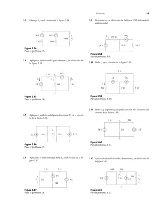 Problemas 115
3.5 Obtenga vo en el circuito de la figura 3.54.
3.6 Aplique el análisis nodal para obtener vo en el circuito de
la figura 3.55.
3.7 Aplique el análisis nodal para determinar Vx en el circui-
to de la figura 3.56.
3.8 Aplicando el análisis nodal, halle vo en el circuito de la fi-
gura 3.57.
3.9 Determine Ib en el circuito de la figura 3.58 aplicando el
análisis nodal.
3.10 Halle Io en el circuito de la figura 3.59.
3.11 Halle vo y la potencia disipada en todos los resistores del
circuito de la figura 3.60.
3.12 Aplicando el análisis nodal, determine vo en el circuito de
la figura 3.61.
Figura 3.54
Para el problema 3.5.
Figura 3.55
Para el problema 3.6.
30 V +
−
2 kΩ
20 V +
−
5 kΩ
4 kΩ vo
+
−
6 Ω 2 Ω12 V
10 V
+
−
+ −
4 Ω
I3I2
vo
I1
10 Ω2 A 0.2Vx20 ΩVx
+
−
Figura 3.56
Para el problema 3.7.
Figura 3.57
Para el problema 3.8.
3 V
4vo2 Ωvo
+
− 1 Ω
3 Ω 5 Ω
+
−
+
−
Figura 3.58
Para el problema 3.9.
24 V +
− 50 Ω 150 Ω
60Ib
250 Ω
+ −
Ib
Figura 3.59
Para el problema 3.10.
Figura 3.60
Para el problema 3.11.
2 Ω 4 Ω8 Ω
1 Ω
4 A 2Io
Io
36 V +
−
−
+2 Ω 12 V
1 Ω Vo
4 Ω
Figura 3.61
Para el problema 3.12.
2 Ω
5 Ω
10 Ω 1 Ω
30 V +
− 4 Ix
Ix
Vo
+
−
 