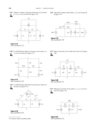 118 Capítulo 3 Métodos de análisis
*3.27 Aplique el análisis nodal para determinar las tensiones
v1, v2 y v3, en el circuito de la figura 3.76.
*3.28 Use MATLAB para hallar las tensiones en los nodos a, b,
c y d en el circuito de la figura 3.77.
3.29 Use MATLAB para determinar las tensiones de nodo en el
circuito de la figura 3.78.
3.30 Aplicando el análisis nodal, halle vo e Io en el circuito de
la figura 3.79.
3.31 Halle las tensiones de los nodos del circuito de la figura
3.80.
*3.32 Obtenga las tensiones de los nodos v1, v2 y v3 en el cir-
cuito de la figura 3.81.
Figura 3.76
Para el problema 3.27.
Figura 3.77
Para el problema 3.28.
2 S2 A 4 S 2 S 4 A
io
1 S
4 S
1 Sv1
io
v2 v3
10 Ω
30 V
5 Ω
16 Ω
4 Ω
4 Ω
8 Ω20 Ω
8 Ω
45 V
b
c
a
d
+
−+
−
* Un asterisco indica un problema difícil.
Figura 3.78
Para el problema 3.29.
Figura 3.81
Para el problema 3.32.
Figura 3.79
Para el problema 3.30.
Figura 3.80
Para el problema 3.31.
5 A
V1 V3
V4
V2
1 S 4 S
2 A
1 S 1 S
2 S 2 S 6 A
3 S
+
−100 V 80 Ω vo
+
−
10 Ω 20 Ω
40 Ω
120 V
+
− 2Io4vo
+−
Io
4 Ω1 A 1 Ω 4 Ω 10 V
Io
1 Ω
2 Ωv1
2vo4Io
v2 v3
+
−
vo
+−
+ −
10 kΩ4 mA
5 kΩ
v1
20 V10 V v2
v3
12 V+
−
+− + −
 
