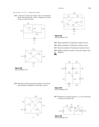 Problemas 119
Secciones 3.4 y 3.5 Análisis de malla
3.33 ¿Cuál de los circuitos de la figura 3.82 es de disposición
plana? Para determinarlo, vuelva a dibujar los circuitos
sin que se crucen las ramas.
3.34 Determine cuál de los circuitos de la figura 3.83 es de dis-
posición plana y redibújelo sin ramas que se crucen.
3.35 Repita el problema 3.5 aplicando el análisis de lazos.
3.36 Repita el problema 3.6 aplicando el análisis de lazos.
3.37 Resuelva el problema 3.8 aplicando el análisis de lazos.
3.38 Aplique el análisis de malla al circuito de la figura 3.84 y
obtenga Io.
3.39 Determine las corrientes de lazo i1 e i2, en el circuito que
se muestra en la figura 3.85.
Figura 3.82
Para el problema 3.33.
2 Ω
6 Ω
5 Ω
2 A
a)
4 Ω
3 Ω
1 Ω
b )
12 V +
− 2 Ω
3 Ω
5 Ω
4 Ω
1 Ω
10 V +
−
3 Ω
5 Ω
2 Ω
7 Ω
4 Ω
a)
1 Ω
6 Ω
7 Ω
6 Ω1 Ω 3 Ω
4 A
b)
8 Ω
2 Ω
5 Ω 4 Ω
Figura 3.83
Para el problema 3.34.
Figura 3.84
Para el problema 3.38.
1 Ω
2 A
1 Ω
2 Ω 2 Ω
9 V
4 A24 V 1 Ω
Io
4 Ω
4 Ω 3 Ω
+
−
+
−
Figura 3.85
Para el problema 3.39.
4 Ω 2 Ω
6 Ω+
−
+
−10 V 12 V
2Ix
Ix
i1 i2
− +
 