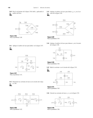 120 Capítulo 3 Métodos de análisis
3.40 Para la red puente de la figura 3.86, halle io aplicando el
análisis del lazo.
3.41 Aplique el análisis de lazo para hallar i en la figura 3.87.
3.42 Determine las corrientes de lazo en el circuito de la figu-
ra 3.88.
3.43 Aplique el análisis de lazos para hallar vab e io en el cir-
cuito de la figura 3.89.
3.44 Aplique el análisis de lazos para obtener io en el circuito
de la figura 3.90.
3.45 Halle la corriente i en el circuito de la figura 3.91.
3.46 Calcule las corrientes de lazos i1 e i2 en la figura 3.92.
Figura 3.86
Para el problema 3.40.
Figura 3.87
Para el problema 3.41.
30 V +
−
2 kΩ
2 kΩ
6 kΩ 6 kΩ
4 kΩ4 kΩ
io
+
−
+ −
10 Ω
2 Ω
5 Ω
1 Ω
8 V
6 V
i1
i2 i3
i
4 Ω
Figura 3.88
Para el problema 3.42.
20 Ω 30 Ω 10 Ω
6 V
8 V
12 V
40 Ω30 Ωi1
i2
i3
+
–
+ –
–
+
Figura 3.89
Para el problema 3.43.
Figura 3.90
Para el problema 3.44.
Figura 3.91
Para el problema 3.45.
+
−
20 Ω
20 Ω
30 Ω
30 Ω
20 Ω
80 V
+
−80 V
30 Ω vab
+
−
io
3 A
12 V+
−
4 Ω
io 1 Ω
6 V
2 Ω
5 Ω
+ −
4 A
30 V
i
+
− 3 Ω 1 Ω
2 Ω 6 Ω
4 Ω 8 Ω
Figura 3.92
Para el problema 3.46.
3 Ω 6 Ω
8 Ω12 V +
−
2voi1 i2
+
−
vo
+ −
 