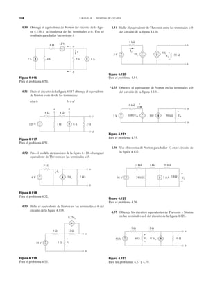 168 Capítulo 4 Teoremas de circuitos
4.50 Obtenga el equivalente de Norton del circuito de la figu-
ra 4.116 a la izquierda de las terminales a-b. Use el
resultado para hallar la corriente i.
Figura 4.116
Para el problema 4.50.
4.51 Dado el circuito de la figura 4.117 obtenga el equivalente
de Norton visto desde las terminales:
a) a-b b) c-d
Figura 4.117
Para el problema 4.51.
4.52 Para el modelo de transistor de la figura 4.118, obtenga el
equivalente de Thevenin en las terminales a-b.
Figura 4.118
Para el problema 4.52.
4.53 Halle el equivalente de Norton en las terminales a-b del
circuito de la figura 4.119.
Figura 4.119
Para el problema 4.53.
4.54 Halle el equivalente de Thevenin entre las terminales a-b
del circuito de la figura 4.120.
Figura 4.120
Para el problema 4.54.
*4.55 Obtenga el equivalente de Norton en las terminales a-b
del circuito de la figura 4.121.
Figura 4.121
Para el problema 4.55.
4.56 Use el teorema de Norton para hallar Vo en el circuito de
la figura 4.122.
Figura 4.122
Para el problema 4.56.
4.57 Obtenga los circuitos equivalentes de Thevenin y Norton
en las terminales a-b del circuito de la figura 4.123.
Figura 4.123
Para los problemas 4.57 y 4.79.
2 A
a
b
4 A4 Ω 5 Ω
12 V6 Ω
+ −
i
120 V
c
a b
d
6 A 2 Ω3 Ω
4 Ω6 Ω
+
−
6 V 20Io
3 kΩ
2 kΩ+
−
a
b
Io
2 Ω6 Ω
0.25vo
3 Ω18 V +
−
vo
+
−
a
b
1 kΩ
50 Ω3 V
Io
40Io2Vx Vx
a
b
+
–
−
+ +
−
2 V 80I
8 kΩ
50 kΩ+
−
a
b
0.001Vab
+
−
I
+
−
Vab
36 V
10 kΩ2 kΩ12 kΩ
24 kΩ 1 kΩ3 mA−
+ Vo
+
−
50 V
3 Ω 2 Ω
10 Ω+
−
a
b
0.5vx6 Ω
+
−
vx
 