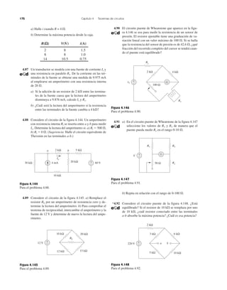 172 Capítulo 4 Teoremas de circuitos
a) Halle i cuando R = 4 ⍀.
b) Determine la máxima potencia desde la caja.
R(⍀) V(V) i(A)
2 8 1.5
8 8 1.0
14 10.5 0.75
4.87 Un transductor se modela con una fuente de corriente Is y
una resistencia en paralelo Rs. De la corriente en las ter-
minales de la fuente se obtiene una medida de 9.975 mA
al emplearse un amperímetro con una resistencia interna
de 20 ⍀.
a) Si la adición de un resistor de 2 k⍀ entre las termina-
les de la fuente causa que la lectura del amperímetro
disminuya a 9.876 mA, calcule Is y Rs.
b) ¿Cuál será la lectura del amperímetro si la resistencia
entre las terminales de la fuente cambia a 4 k⍀?
4.88 Considere el circuito de la figura 4.144. Un amperímetro
con resistencia interna Ri se inserta entre a y b para medir
Io. Determine la lectura del amperímetro si: a) Ri ϭ 500 ⍀,
b) Ri ϭ 0 ⍀. (Sugerencia: Halle el circuito equivalente de
Thevenin en las terminales a-b.)
Figura 4.144
Para el problema 4.88.
4.89 Considere el circuito de la figura 4.145. a) Remplace el
resistor RL por un amperímetro de resistencia cero y de-
termine la lectura del amperímetro. b) Para comprobar el
teorema de reciprocidad, intercambie el amperímetro y la
fuente de 12 V y determine de nuevo la lectura del ampe-
rímetro.
Figura 4.145
Para el problema 4.89.
4.90 El circuito puente de Wheatstone que aparece en la figu-
ra 4.146 se usa para medir la resistencia de un sensor de
presión. El resistor ajustable tiene una graduación de va-
riación lineal con un valor máximo de 100 ⍀. Si se halla
que la resistencia del sensor de presión es de 42.6 ⍀, ¿qué
fracción del recorrido completo del cursor se tendrá cuan-
do el puente está equilibrado?
Figura 4.146
Para el problema 4.90.
4.91 a) En el circuito puente de Wheatstone de la figura 4.147
seleccione los valores de R1 y R3 de manera que el
puente pueda medir Rx en el rango 0-10 ⍀.
Figura 4.147
Para el problema 4.91.
b) Repita en relación con el rango de 0-100 ⍀.
*4.92 Considere el circuito puente de la figura 4.148. ¿Está
equilibrado? Si el resistor de 10 k⍀ se remplaza por uno
de 18 k⍀, ¿cuál resistor conectado entre las terminales
a-b absorbe la máxima potencia? ¿Cuál es esa potencia?
Figura 4.148
Para el problema 4.92.
4 mA30 kΩ
10 kΩ
2 kΩ 5 kΩ
20 kΩ 60 V
Io
ba
−
+
20 kΩ
15 kΩ
10 kΩ
12 kΩ
12 V
RL
−
+
220 V
2 kΩ
3 kΩ 6 kΩ
5 kΩ 10 kΩ
+
− a b
R3
Rx
R1
V +
−
G
50 Ω
4 kΩ
100 Ω
2 kΩ
+
−vs
Rs
Rx
G
 