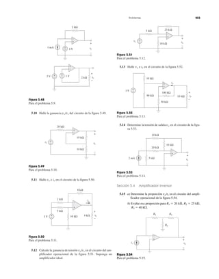 Figura 5.48
Para el problema 5.9.
5.10 Halle la ganancia vo/vs del circuito de la figura 5.49.
Figura 5.49
Para el problema 5.10.
5.11 Halle vo e io en el circuito de la figura 5.50.
Figura 5.50
Para el problema 5.11.
5.12 Calcule la ganancia de tensión vo/vs en el circuito del am-
plificador operacional de la figura 5.51. Suponga un
amplificador ideal.
Problemas 203
Figura 5.51
Para el problema 5.12.
5.13 Halle vo e io en el circuito de la figura 5.52.
Figura 5.52
Para el problema 5.13.
5.14 Determine la tensión de salida vo en el circuito de la figu-
ra 5.53.
Figura 5.53
Para el problema 5.14.
Sección 5.4 Amplificador inversor
5.15 a) Determine la proporción vo/is en el circuito del ampli-
ficador operacional de la figura 5.54.
b) Evalúe esa proporción para R1 ϭ 20 k⍀, R2 ϭ 25 k⍀,
R3 ϭ 40 k⍀.
Figura 5.54
Para el problema 5.15.
+
−
+
− 4 V
2 kΩ
vovv1 mA
+
− 1 V
2 kΩ vovv
+
−
+
−3 V
+
−
−
+
10 kΩ
10 kΩ
vovv
+
−
+
−
20 kΩ
+
−vsv
+
−
5 kΩ
2 kΩ
+
−
io
+
−
8 kΩ
10 kΩ 4 kΩ3 V
vovv
5 kΩ 25 kΩ
vs vovv
+
−
+
−
+
−
10 kΩ
50 kΩ
vovv
+
−
+
−1 V
100 kΩ
90 kΩ
10 kΩ
io
10 kΩ
+
−
5 kΩ vovv
+
−
2 mA
20 kΩ
10 kΩ
10 kΩ
+
−
is
R1 R3
R2
+
−
+
−
vo
 