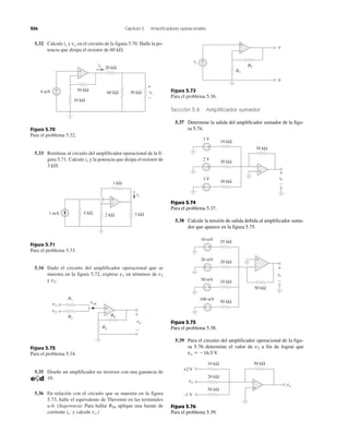 206 Capítulo 5 Amplificadores operacionales
5.32 Calcule ix y vo en el circuito de la figura 5.70. Halle la po-
tencia que disipa el resistor de 60 k⍀.
Figura 5.70
Para el problema 5.32.
5.33 Remítase al circuito del amplificador operacional de la fi-
gura 5.71. Calcule ix y la potencia que disipa el resistor de
3 k⍀.
Figura 5.71
Para el problema 5.33.
5.34 Dado el circuito del amplificador operacional que se
muestra en la figura 5.72, exprese vo en términos de v1
y v2.
Figura 5.72
Para el problema 5.34.
5.35 Diseñe un amplificador no inversor con una ganancia de
10.
5.36 En relación con el circuito que se muestra en la figura
5.73, halle el equivalente de Thevenin en las terminales
a-b. (Sugerencia: Para hallar RTh aplique una fuente de
corriente io y calcule vo.)
Figura 5.73
Para el problema 5.36.
Sección 5.6 Amplificador sumador
5.37 Determine la salida del amplificador sumador de la figu-
ra 5.74.
Figura 5.74
Para el problema 5.37.
5.38 Calcule la tensión de salida debida al amplificador suma-
dor que aparece en la figura 5.75.
Figura 5.75
Para el problema 5.38.
5.39 Para el circuito del amplificador operacional de la figu-
ra 5.76 determine el valor de v2 a fin de lograr que
vo ϭ Ϫ16.5 V.
Figura 5.76
Para el problema 5.39.
+
−
vov+
− 30 kΩ60 kΩ
ixi
4 mV
20 kΩ
50 kΩ
10 kΩ
+
−
+
−
4 kΩ 2 kΩ
ixi
1 mA 3 kΩ
1 kΩ
+
Ϫ
v1
v2
ven
R1
R2
R4
R3
vo
+
−
50 kΩ
25 kΩ10 mV
20 kΩ20 mV
50 kΩ
100 mV
+ −
+ −
10 kΩ50 mV
+−
+−
vovv
+
−
+
−
10 kΩ
20 kΩ
50 kΩ
50 kΩ
+2 V
−1 V
vo
v2
+
−
30 kΩ
10 kΩ
1 V
20 kΩ
2 V
30 kΩ
3 V
+ −
+−
+−
vovv
+
−
+
−
R1
R2
vsv
a
b
+
−
−
+
 