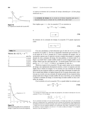 256 Capítulo 7 Circuitos de primer orden
se expresa en términos de la constante de tiempo, denotada por ␶, la letra griega
minúscula tau, ␶.
La constante de tiempo de un circuito es el tiempo requerido para que la
respuesta disminuya en un factor de 1/e, o 36.8% de su valor inicial.1
Esto implica que t ϭ ␶. Así, la ecuación (7.7) se convierte en
o
(7.8)
En términos de la constante de tiempo, la ecuación (7.7) puede expresarse
como
(7.9)
Con una calculadora es fácil demostrar que el valor de es el que
se muestra en la tabla 7.1. De ésta se desprende claramente que la tensión
es de menos de 1% de después de (cinco constantes de tiempo). Así, se
acostumbra suponer que el capacitor está por completo descargado (o cargado)
después de cinco constantes de tiempo. En otras palabras, el circuito tarda en
llegar a su estado ﬁnal o estado estable cuando no ocurre ningún cambio con el
tiempo. Nótese que por cada intervalo de la tensión pierde 36.8% de su valor
previo, sin importar el valor de t.
Obsérvese respecto de la ecuación (7.8) que cuanto menor sea la constante
de tiempo, más rápidamente disminuirá la tensión; es decir, la respuesta será más
rápida. Esto se ilustra en la ﬁgura 7.4. Un circuito con una constante de tiempo
reducida da una respuesta rápida en cuanto que llega velozmente al estado esta-
ble (o estado ﬁnal) debido a la rápida disipación de la energía almacenada, mien-
tras que un circuito con una constante de tiempo grande da una respuesta lenta,
porque tarda más en llegar al estado estable. De una u otra forma, así sea reducida
o grande la constante de tiempo, el circuito llega al estado estable en cinco cons-
tantes de tiempo.
Con la tensión en la ecuación (7.9), se puede hallar la corriente
(7.10)iR(t) ϭ
v(t)
R
ϭ
V0
R
eϪt͞t
iR(t),v(t)
v(t ϩ t) ϭ v(t)͞e ϭ 0.368v(t),
t,
5t
5tV0
v(t)
v(t)͞V0
v(t) ϭ V0eϪt͞t
t ϭ RC
V0eϪt͞RC
ϭ V0eϪ1
ϭ 0.368V0
1
La constante de tiempo puede verse desde otra perspectiva. Al evaluar la derivada de en la
ecuación (7.7) en t = 0, se obtiene
Así, la constante de tiempo es la tasa inicial decaída, o el tiempo que tarda en disminuír
desde de la unidad hasta cero, suponiendo una tasa constante de decaimiento. Esta interpretación
de pendiente inicial de la constante de tiempo suele usarse en el laboratorio para hallar gráﬁcamente
a partir de la curva de respuesta exhibida en un osciloscopio. Para hallar partiendo de la curva
de respuesta, se traza la tangente a la curva en t = 0, como se indica en la ﬁgura 7.3. La tangente
interseca el eje del tiempo en t ϭ t.
tt
v͞V0
d
dt
a
v
V0
b 2
tϭ0
ϭ Ϫ
1
t
eϪt͞t
2
tϭ0
ϭ Ϫ
1
t
v(t)
V0e−t ⁄␶
␶ t
0.368V0
V0
v
0
Figura 7.2
La respuesta en tensión del circuito RC.
Figura 7.3
Determinación gráﬁca de la constante de
tiempo ␶ a partir de la curva de respuesta.
␶ 2␶ 3␶ 4␶ 5␶ t (s)0
v
V0
0.37
0.25
0.75
1.0
0.50
Tangente en t = 0
Valores de v(t)͞V 0 eϪt͞␶
.
t
0.36788
2 0.13534
3 0.04979
4 0.01832
5 0.00674t
t
t
t
t
v(t)͞V0
ϭ
TABLA 7.1
 