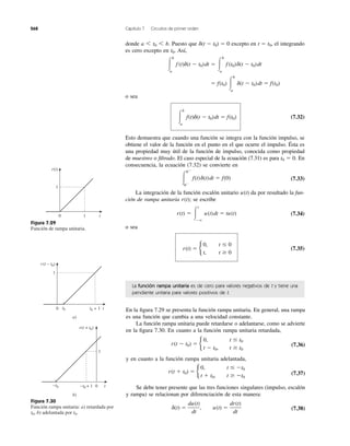 268 Capítulo 7 Circuitos de primer orden
Figura 7.29
Función de rampa unitaria.
Figura 7.30
Función rampa unitaria: a) retardada por
b) adelantada por t0.t0,
La función rampa unitaria es de cero para valores negativos de t y tiene una
pendiente unitaria para valores positivos de t.
En la ﬁgura 7.29 se presenta la función rampa unitaria. En general, una rampa
es una función que cambia a una velocidad constante.
La función rampa unitaria puede retardarse o adelantarse, como se advierte
en la ﬁgura 7.30. En cuanto a la función rampa unitaria retardada,
(7.36)
y en cuanto a la función rampa unitaria adelantada,
(7.37)
Se debe tener presente que las tres funciones singulares (impulso, escalón
y rampa) se relacionan por diferenciación de esta manera:
(7.38)d(t) ϭ
du(t)
dt
, u(t) ϭ
dr(t)
dt
r(t ϩ t0) ϭ b
0, t Յ Ϫt0
t ϩ t0, t Ն Ϫt0
r(t Ϫ t0) ϭ b
0, t Յ t0
t Ϫ t0, t Ն t0
0 t
1
r(t)
1
a)
0 t−t0 + 1−t0
1
r(t + t0)
r(t − t0)
b)
0 tt0 + 1t0
1
donde Puesto que excepto en el integrando
es cero excepto en Así,
o sea
(7.32)
Esto demuestra que cuando una función se integra con la función impulso, se
obtiene el valor de la función en el punto en el que ocurre el impulso. Ésta es
una propiedad muy útil de la función de impulso, conocida como propiedad
de muestreo o ﬁltrado. El caso especial de la ecuación (7.31) es para En
consecuencia, la ecuación (7.32) se convierte en
(7.33)
La integración de la función escalón unitario da por resultado la fun-
ción de rampa unitaria se escribe
(7.34)
o sea
(7.35)r(t) ϭ b
0, t Յ 0
t, t Ն 0
r(t) ϭ Ύ
t
Ϫϱ
u(t)dt ϭ tu(t)
r(t);
u(t)
Ύ
0ϩ
0Ϫ
f(t)d(t)dt ϭ f(0)
t0 ϭ 0.
Ύ
b
a
f(t)d(t Ϫ t0)dt ϭ f(t0)
ϭ f(t0) Ύ
b
a
d(t Ϫ t0)dt ϭ f(t0)
Ύ
b
a
f (t)d(t Ϫ t0)dt ϭ Ύ
b
a
f (t0)d(t Ϫ t0)dt
t0.
t ϭ t0,d(t Ϫ t0) ϭ 0a 6 t0 6 b.
 
