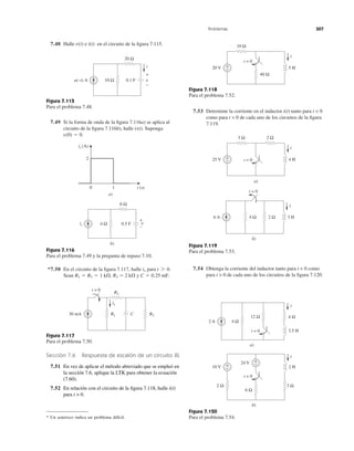 Problemas 307
7.48 Halle e en el circuito de la ﬁgura 7.115.i(t)v(t)
Figura 7.118
Para el problema 7.52.
7.53 Determine la corriente en el inductor i(t) tanto para t < 0
como para t > 0 de cada uno de los circuitos de la ﬁgura
7.119.
Figura 7.119
Para el problema 7.53.
7.54 Obtenga la corriente del inductor tanto para t < 0 como
para t > 0 de cada uno de los circuitos de la ﬁgura 7.120.
Figura 7.120
Para el problema 7.54.* Un asterisco indica un problema difícil.
Figura 7.115
Para el problema 7.48.
7.49 Si la forma de onda de la ﬁgura 7.116a) se aplica al
circuito de la ﬁgura 7.116b), halle Suponga
v(0) ϭ 0.
v(t).
Figura 7.116
Para el problema 7.49 y la pregunta de repaso 7.10.
*7.50 En el circuito de la ﬁgura 7.117, halle para
Sean R3 ϭ 2 k⍀ y C ϭ 0.25 mF.R1 ϭ R2 ϭ 1 k⍀,
t 7 0.ix
Figura 7.117
Para el problema 7.50.
Sección 7.6 Respuesta de escalón de un circuito RL
7.51 En vez de aplicar el método abreviado que se empleó en
la sección 7.6, aplique la LTK para obtener la ecuación
(7.60).
7.52 En relación con el circuito de la ﬁgura 7.118, halle i(t)
para t > 0.
vu(−t) A 10 Ω
+
−
0.1 F
20 Ω
i
0 1 t (s)
2
is (A)
a)
vis 4 Ω
+
−
0.5 F
6 Ω
b)
R2
R130 mA
t = 0
R3
ix
C
40 Ω
20 V 5 H
i
+
−
t = 0
10 Ω
25 V 4 H
i
a)
+
− t = 0
2 Ω3 Ω
4 Ω6 A 2 Ω 3 H
i
t = 0
b)
4 Ω2 A
12 Ω
3.5 H
i
4 Ω
a)
t = 0
2 Ω 3 Ω
6 Ω
10 V 2 H
i
b)
+
−
24 V +
−
t = 0
 