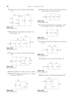 308 Capítulo 7 Circuitos de primer orden
7.55 Halle para t < 0 y t > 0 del circuito de la ﬁgura
7.121.
v(t)
Figura 7.121
Para el problema 7.55.
7.56 En referencia a la red que aparece en la ﬁgura 7.122,
halle para t 7 0.v(t)
Figura 7.122
Para el problema 7.56.
*7.57 Halle e para t > 0 en el circuito de la ﬁgura
7.123.
i2(t)i1(t)
Figura 7.123
Para el problema 7.57.
7.58 Repita el problema 7.17 si i(0) = 10 A y
7.59 Determine la respuesta de escalón a en
el circuito de la ﬁgura 7.124.
vs ϭ 18u(t)vo(t)
v(t) ϭ 20u(t) V.
7.60 Halle para t > 0 en el circuito de la ﬁgura 7.125 si la
corriente inicial en el inductor es de cero.
v(t)
Figura 7.125
Para el problema 7.60.
7.61 En el circuito de la ﬁgura 7.126, cambia de 5 A a 10 A
en t = 0; es decir, Halle e i.vis ϭ 5u(Ϫt) ϩ 10u(t).
is
Figura 7.126
Para el problema 7.61.
7.62 En referencia al circuito de la ﬁgura 7.127, calcule i(t) si
i(0) = 0.
Figura 7.127
Para el problema 7.62.
7.63 Obtenga e i(t) en el circuito de la ﬁgura 7.128.v(t)
Figura 7.128
Para el problema 7.63.
Figura 7.129
Para el problema 7.64.
8 Ω
4io
3 Ω
0.5 H
2 Ω
20 V +
−
24 V +
−
t = 0
+
−
io
+
−
v
Figura 7.124
Para el problema 7.59.
7.64 Halle para t > 0 en el circuito de la ﬁgura 7.129.vo(t)
6 Ω
12 Ω2 A 0.5 H20 Ω
5 Ω
+
−
v
+
− 20 V
t = 0
6 Ω5 A
2.5 H
5 Ω 20 Ω
4 H
i1 i2
t = 0
3 Ω
6 Ω
vs
1.5 H
4 Ω
+
− +
−
vo
5 Ω 20 Ω4u(t) 8 H
+
−
v
4 Ωis 0.5 H
+
−
v
i
3 Ω 6 Ω
+
−u(t − 1) V u(t) V2 H
i
+
−
5 Ω
+
−10u(−t) V 20 Ω 0.5 H
i
+
−
v
6 Ω
2 Ω
3 Ω+
−
+
−
vo
t = 0
4 H
10 V
 