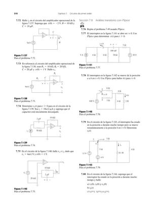 310 Capítulo 7 Circuitos de primer orden
Sección 7.8 Análisis transitorio con PSpice
7.76 Repita el problema 7.49 usando PSpice.
7.77 El interruptor en la ﬁgura 7.141 se abre en t = 0. Use
PSpice para determinar para t 7 0.v(t)
Figura 7.141
Para el problema 7.77.
7.78 El interruptor en la ﬁgura 7.142 se mueve de la posición
a a b en t = 0. Use PSpice para hallar i(t) para t > 0.
Figura 7.142
Para el problema 7.78.
7.79 En el circuito de la ﬁgura 7.143, el interruptor ha estado
en la posición a durante mucho tiempo pero se mueve
instantáneamente a la posición b en t = 0. Determine
io(t).
Figura 7.143
Para el problema 7.79.
7.80 En el circuito de la ﬁgura 7.144, suponga que el
interruptor ha estado en la posición a durante mucho
tiempo y halle:
a) i1(0), i2(0) y
b)
c) i2(ϱ) y vo(ϱ).i1(ϱ),
iL(t)
vo(0)
Figura 7.137
Para el problema 7.72.
7.73 En referencia al circuito del ampliﬁcador operacional de
la ﬁgura 7.138, sean
C ϭ 20 ␮F y Halle vo.v(0) ϭ 1 V.
Rf ϭ 20 k⍀,R1 ϭ 10 k⍀,
Figura 7.138
Para el problema 7.73.
7.74 Determine para para en el circuito de la
ﬁgura 7.139. Sea y suponga que el
capacitor está inicialmente descargado.
is ϭ 10u(t) mA
t 7 0vo(t)
Figura 7.139
Para el problema 7.74.
7.75 En el circuito de la ﬁgura 7.140, halle e dado que
y v(0) ϭ 1 V.vs ϭ 4u(t) V
io,vo
Figura 7.140
Para el problema 7.75.
4 V
0.1 H
5 Ω 4 Ω
3 Ωt = 0
12 V
io
+
−
+
−
b
a
7.72 Halle en el circuito del ampliﬁcador operacional de la
ﬁgura 7.137. Suponga que R ϭ 10 k⍀ y
C ϭ 10 mF.
v(0) ϭ Ϫ2 V,
io
R+
−
v
3u(t)
io+ −
C
+
−
Rf
R1
+
− vo
+
−
4u(t)
v+ −
C
+
−
10 kΩ
50 kΩ vo
+
−
is
2 ␮F
+
−
vo
vs
2 ␮F
10 kΩ
20 kΩ
+ −v
+
−
io
+
−
5 Ω
4 Ω5 A 6 Ω 20 Ω +
− 30 V
t = 0 + −v
100 mF
4 Ω
6 Ω
3 Ω+
−108 V 6 Ω 2 H
i(t)t = 0
a
b
 