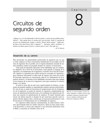 Mejorar su carrera implica conocer sus
metas, adaptarse a cambios, prever opor-
tunidades y planear su propio nicho.
Fuente: Institute of Electrical and
Electronics Engineers (IEEE).
313
C a p í t u l o
8Circuitos de
segundo orden
¿Alguna vez se le ha iluminado el día de pronto a causa de una palabra alen-
tadora?… Hoy puede hacer lo mismo por otra persona. Todo es cuestión de
un poco de imaginación, tiempo e interés. Piense ahora mismo: “¿Qué pue-
do hacer hoy para hacer feliz a alguien?”… Ancianos, niños, sirvientes, ¡e
incluso un hueso para el perro o azúcar para el ave! ¿Por qué no?
—M. D. Babcock
Desarrollo de su carrera
Para incrementar sus oportunidades profesionales de ingeniería una vez que
se titule, adquiera un ﬁrme conocimiento fundamental de una amplia serie de
áreas de ingeniería. De ser posible, esto se lograría idealmente cursando de ma-
nera inmediata estudios de posgrado después de concluir su licenciatura.
Cada grado de ingeniería representa ciertas habilidades que los estudian-
tes adquieren. En el nivel de la licenciatura, usted aprende el lenguaje de la
ingeniería y los fundamentos de la ingeniería y el diseño. En el nivel de la maes-
tría, adquiere la capacidad para realizar proyectos avanzados de ingeniería y
para comunicar eﬁcazmente su labor tanto de manera oral como por escrito.
El doctorado representa un conocimiento cabal de los fundamentos de la in-
geniería eléctrica y el dominio de las habilidades necesarias tanto para trabajar
en las fronteras de un área de la ingeniería como para comunicar el esfuerzo
propio a los demás.
Si usted no tiene idea de qué curso seguirá después de titularse, un pro-
grama de posgrado ampliará su capacidad para explorar opciones profesionales.
En vista de que su grado de licenciatura le proporcionará sólo los fundamen-
tos de la ingeniería, un grado de maestría en ingeniería complementado por
cursos de administración beneﬁcia más a los estudiantes de ingeniería que ob-
tener una maestría en administración de empresas. El mejor momento para
iniciar esta última maestría es después de que usted haya ejercido como in-
geniero durante algunos años y decida que su trayectoria profesional se vería
favorecida por el fortalecimiento de sus habilidades de negocios.
Los ingenieros deben educarse constantemente, de modo formal e infor-
mal, aprovechando todos los medios educativos. Quizá no haya mejor mane-
ra de desarrollar su carrera que integrarse a una asociación profesional como
el IEEE y convertirse en miembro activo de él.
 