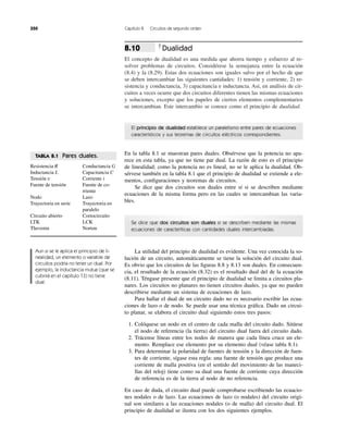 Dualidad
El concepto de dualidad es una medida que ahorra tiempo y esfuerzo al re-
solver problemas de circuitos. Considérese la semejanza entre la ecuación
(8.4) y la (8.29). Estas dos ecuaciones son iguales salvo por el hecho de que
se deben intercambiar las siguientes cantidades: 1) tensión y corriente, 2) re-
sistencia y conductancia, 3) capacitancia e inductancia. Así, en análisis de cir-
cuitos a veces ocurre que dos circuitos diferentes tienen las mismas ecuaciones
y soluciones, excepto que los papeles de ciertos elementos complementarios
se intercambian. Este intercambio se conoce como el principio de dualidad.
8.10
350 Capítulo 8 Circuitos de segundo orden
El principio de dualidad establece un paralelismo entre pares de ecuaciones
característicos y sus teoremas de circuitos eléctricos correspondientes.
En la tabla 8.1 se muestran pares duales. Obsérvese que la potencia no apa-
rece en esta tabla, ya que no tiene par dual. La razón de esto es el principio
de linealidad; como la potencia no es lineal, no se le aplica la dualidad. Ob-
sérvese también en la tabla 8.1 que el principio de dualidad se extiende a ele-
mentos, conﬁguraciones y teoremas de circuitos.
Se dice que dos circuitos son duales entre sí si se describen mediante
ecuaciones de la misma forma pero en las cuales se intercambian las varia-
bles.
Se dice que dos circuitos son duales si se describen mediante las mismas
ecuaciones de caracteríticas con cantidades duales intercambiadas.
La utilidad del principio de dualidad es evidente. Una vez conocida la so-
lución de un circuito, automáticamente se tiene la solución del circuito dual.
Es obvio que los circuitos de las ﬁguras 8.8 y 8.13 son duales. En consecuen-
cia, el resultado de la ecuación (8.32) es el resultado dual del de la ecuación
(8.11). Téngase presente que el principio de dualidad se limita a circuitos pla-
nares. Los circuitos no planares no tienen circuitos duales, ya que no pueden
describirse mediante un sistema de ecuaciones de lazo.
Para hallar el dual de un circuito dado no es necesario escribir las ecua-
ciones de lazo o de nodo. Se puede usar una técnica gráﬁca. Dado un circui-
to planar, se elabora el circuito dual siguiendo estos tres pasos:
1. Colóquese un nodo en el centro de cada malla del circuito dado. Sitúese
el nodo de referencia (la tierra) del circuito dual fuera del circuito dado.
2. Trácense líneas entre los nodos de manera que cada línea cruce un ele-
mento. Remplace ese elemento por su elemento dual (véase tabla 8.1).
3. Para determinar la polaridad de fuentes de tensión y la dirección de fuen-
tes de corriente, sígase esta regla: una fuente de tensión que produce una
corriente de malla positiva (en el sentido del movimiento de las maneci-
llas del reloj) tiene como su dual una fuente de corriente cuya dirección
de referencia es de la tierra al nodo de no referencia.
En caso de duda, el circuito dual puede comprobarse escribiendo las ecuacio-
nes nodales o de lazo. Las ecuaciones de lazo (o nodales) del circuito origi-
nal son similares a las ecuaciones nodales (o de malla) del circuito dual. El
principio de dualidad se ilustra con los dos siguientes ejemplos.
TABLA 8.1 Pares duales.
Resistencia R Conductancia G
Inductancia L Capacitancia C
Tensión Corriente i
Fuente de tensión Fuente de co-
rriente
Nodo Lazo
Trayectoria en serie Trayectoria en
paralelo
Circuito abierto Cortocircuito
LTK LCK
Thevenin Norton
v
Aun si se le aplica el principio de li-
nealidad, un elemento o variable de
circuitos podría no tener un dual. Por
ejemplo, la inductancia mutua (que se
cubrirá en el capítulo 13) no tiene
dual.
 