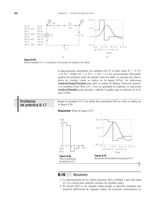 la aproximación cuasilineal. Los atributos de V1 se ﬁjan como T1 ϭ 0, V1
ϭ 0, T2 ϭ 0.001, V2 ϭ 4, T3 ϭ 1, V3 ϭ 4 y así sucesivamente. Para poder
graﬁcar las tensiones tanto de entrada como de salida, se insertan dos marca-
dores de tensión, como se indica en la ﬁgura 8.55a). Se selecciona
Analysis/Setup/Transient para abrir el cuadro de diálogo Transient Analysis
y se establece Final Time a 6 s. Una vez guardado el esquema, se selecciona
Analysis/Simulate para ejecutar y obtener la gráﬁca que se muestra en la ﬁ-
gura 8.55b).
356 Capítulo 8 Circuitos de segundo orden
Figura 8.55
Para el ejemplo 8.17: a) esquema, b) tensiones de entrada y de salida.
Repita el ejemplo 8.17 si la salida del convertidor D/A es como se indica en
la ﬁgura 8.56.
Respuesta: Véase la ﬁgura 8.57.
Figura 8.56
Para el problema
de práctica 8.17.
Figura 8.57
Resultado del problema de práctica 8.17.
Resumen
1. La determinación de los valores iniciales x(0) y dx(0)/dt y del valor ﬁnal
es crucial para analizar circuitos de segundo orden.
2. El circuito RLC es de segundo orden porque se describe mediante una
ecuación diferencial de segundo orden. Su ecuación característica es
x(ϱ)
8.12
T1=0
T2=0.001
T3=1
T4=1.001
T5=2
T6=2.001
T7=3
T8=3.001
V1=0
V2=4
V3=4
V4=10
V5=10
V6=−2
V7=−2
V8=0
V1
R1
1
1 C1
0
1H
L1
+
−
V V
10 V
0 V
5 V
−5 V
0 s 2.0 s 4.0 s 6.0 s
V(V1:+)
Time
V(C1:1)
a) b )
t (s)
ñ3
ñ1
0
8
7
1 2 3 4
vs 8.0 V
0 V
4.0 V
−4.0 V
0 s 2.0 s 4.0 s 6.0 s
V(V1:+)
Time
V(C1:1)
Problema
de práctica 8.17
 