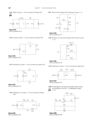 8.33 Halle para t Ͼ 0 en el circuito de la ﬁgura 8.81.v(t) *8.37 Para la red de la ﬁgura 8.85, determine i(t) para t Ͼ 0.
362 Capítulo 8 Circuitos de segundo orden
Figura 8.81
Para el problema 8.33.
8.34 Calcule i(t) para t Ͼ 0 en el circuito de la ﬁgura 8.82.
Figura 8.82
Para el problema 8.34.
8.35 Determine para t Ͼ 0 en el circuito de la ﬁgura 8.83.v(t)
Figura 8.83
Para el problema 8.35.
8.36 Obtenga e i(t) para t Ͼ 0 en el circuito de la ﬁgura
8.84.
v(t)
Figura 8.85
Para el problema 8.37.
Figura 8.86
Para el problema 8.38.
Figura 8.87
Para el problema 8.39.
8.38 Remítase al circuito de la ﬁgura 8.86. Calcule i(t) para
t Ͼ 0.
8.39 Determine para t Ͼ 0 en el circuito de la ﬁgura 8.87.v(t)
8.40 El interruptor en el circuito de la ﬁgura 8.88 se mueve
de la posición a a la b en t ϭ 0. Determine i(t) para
t Ͼ 0.
Figura 8.88
Para el problema 8.40.
3 A
1 H
10 Ω 5 Ω4 F
t = 0
4u(t) Av
+
−
20u(−t) V
5 Ω
+
−
i
v+ −
F1
16
H1
4
t = 0
8 V +
− 12 V+
−
1 H
2 Ω
v
+
−
F
1
5
Figura 8.84
Para el problema 8.36.
3u(t) A
5 H
0.2 F
2 Ω
1 Ω
20 V
5 Ω
+ −
i(t)
v(t)
+
−
30 V
6 Ω
+
− 10 V +
−
6 Ω
t = 0
6 Ω
i(t)
H1
2
F1
8
10 Ω
2u(−t) A
10 Ω
5 Ω
i(t)
F1
3
H3
4
60u(t) V +
− 30u(t) V+
−20 Ω
0.25 H30 Ω 0.5 F
v+ −
12 V
2 H
+
−
2 Ω
14 Ω
6 Ω
4 A
i(t)
a
b
0.02 F
t = 0
 