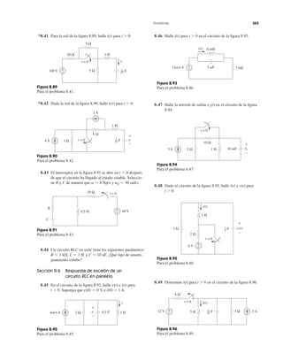 *8.41 Para la red de la ﬁgura 8.89, halle i(t) para t Ͼ 0. 8.46 Halle i(t) para t Ͼ 0 en el circuito de la ﬁgura 8.93.
Problemas 363
Figura 8.89
Para el problema 8.41.
*8.42 Dada la red de la ﬁgura 8.90, halle para t Ͼ 0.v(t)
Figura 8.90
Para el problema 8.42.
8.43 El interruptor en la ﬁgura 8.91 se abre en t ϭ 0 después
de que el circuito ha llegado al estado estable. Seleccio-
ne R y C de manera que y ␻d ϭ 30 rad/s.a ϭ 8 Np/s
Figura 8.91
Para el problema 8.43.
8.44 Un circuito RLC en serie tiene los siguientes parámetros:
y C ϭ 10 nF. ¿Qué tipo de amorti-
guamiento exhibe?
Sección 8.6 Respuesta de escalón de un
circuito RLC en paralelo
8.45 En el circuito de la ﬁgura 8.92, halle e i(t) para
t Ͼ 0. Suponga que e i(0) ϭ 1 A.v(0) ϭ 0 V
v(t)
R ϭ 1 k⍀, L ϭ 1 H
Figura 8.92
Para el problema 8.45.
Figura 8.93
Para el problema 8.46.
8.47 Halle la tensión de salida en el circuito de la ﬁgura
8.94.
vo(t)
Figura 8.94
Para el problema 8.47.
8.48 Dado el circuito de la ﬁgura 8.95, halle i(t) y para
t Ͼ 0.
v(t)
Figura 8.95
Para el problema 8.48.
8.49 Determine i(t) para t Ͼ 0 en el circuito de la ﬁgura 8.96.
Figura 8.96
Para el problema 8.49.
5 Ω
1 H
100 V 5 Ω+
−
t = 0
20 Ω
i
F
1
25
4 A 1 Ω t = 0
2 A
6 Ω
1 H
v
+
−
F1
25
10 Ω
0.5 H
t = 0
40 V
R
C
−
+
4u(t) A 0.5 F 1 H2 Ω
i
v
+
−
12u(t) V +
−
8 mH
2 kΩ
i(t)
5 ␮F
3 A 10 mF5 Ω 1 H
10 Ω
t = 0
vo
+
−
1 Ω
6 V +
−
2 Ω
t = 0
1 H
i(t)
v(t)
+
−
F1
4
3 A5 Ω5 H
i(t)
12 V
t = 0
4 Ω
F
1
20
+
−
 