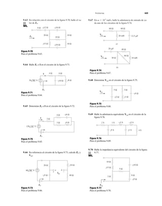 9.63 En relación con el circuito de la ﬁgura 9.70, halle el va-
lor de ZT.
9.67 En halle la admitancia de entrada de ca-
da uno de los circuitos de la ﬁgura 9.74.
␻ ϭ 103
rad/s,
Problemas 409
8 Ω
20 Ω
j15 Ω
–j16 Ω–j12 Ω
–j16 Ω
10 Ω
10 Ω
10 Ω
ZT
Figura 9.70
Para el problema 9.63.
9.64 Halle e I en el circuito de la ﬁgura 9.71.ZT
6 Ω
j8 Ω30 90°
I
ZT
4 Ω
−j10 ΩV −
+
Figura 9.71
Para el problema 9.64.
9.65 Determine e I en el circuito de la ﬁgura 9.72.ZT
+
−
2 Ω
3 Ω
4 Ω
ZT
120 10° V
j4 Ω
−j6 Ω
I
Figura 9.72
Para el problema 9.65.
9.66 En referencia al circuito de la ﬁgura 9.73, calcule y
Vab.
ZT
+
−
20 Ω
+ −
ZT
Vab
60 90° V
j10 Ω
−j5 Ω 40 Ω
a b
Figura 9.73
Para el problema 9.66.
Yen
a)
20 mH 12.5 ␮F
60 Ω 60 Ω
Yen
b)
30 Ω 10 mH
20 ␮F
60 Ω
40 Ω
Figura 9.74
Para el problema 9.67.
9.68 Determine en el circuito de la ﬁgura 9.75.Yeq
Yeq
3 Ω5 Ω
j1 Ω−j2 Ω
−j4 Ω
Figura 9.75
Para el problema 9.68.
9.69 Halle la admitancia equivalente en el circuito de la
ﬁgura 9.76.
Yeq
2 S
4 S
1 S
j5 S j1 S
−j3 S −j2 S
Figura 9.76
Para el problema 9.69.
9.70 Halle la impedancia equivalente del circuito de la ﬁgura
9.77.
10 Ω
Zeq
j15 Ω
−j5 Ω
−j10 Ω
2 Ω
5 Ω
8 Ω
Figura 9.77
Para el problema 9.70.
 