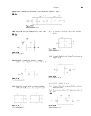 Problemas 445
10.18 Aplique el análisis nodal para obtener en el circuito de la figura 10.67, abajo.Vo
10.22 En referencia al circuito de la figura 10.71 determine
Vo͞Vs.
8 Ω
2 Ω –j1 Ω –j2 Ω
j6 Ω 4 Ω j5 Ω
2Vx Vo
4 45° A
+
−
Vx
+
−
Figura 10.67
Para el problema 10.18.
10.19 Obtenga en la figura 10.68 aplicando el análisis nodal.Vo
4 Ω
2 Ω –j4 Ω
j2 Ω
Vo 0.2Vo
+
−
+ −
12 0° V
Figura 10.68
Para el problema 10.19.
10.20 Remítase a la figura 10.69. Si y
derive las expresiones de A y f.vo(t) ϭ A sen(␻t ϩ f),
vs(t) ϭ Vm sen␻t
+
− vo(t)vs(t)
+
−
L
R
C
Figura 10.69
Para el problema 10.20.
10.21 En relación con cada uno de los circuitos de la figura
10.70, halle para ␻ ϭ 0, ␻ S ϱ y ␻2
ϭ 1͞LC.Vo͞Vi
Vo
+
−
Vo
+
−
Vi
+
−
Vi
+
−
C
R R CL
L
b)a)
Figura 10.70
Para el problema 10.21.
+
−Vs Vo
+
−L
R1
R2
C
Figura 10.71
Para el problema 10.22.
10.23 Aplicando el análisis nodal obtenga V en el circuito de
la figura 10.72.
+
−Vs
R
V
j␻L
j␻C
j␻C
1
1
+
–
Figura 10.72
Para el problema 10.23.
Sección 10.3 Análisis de lazos
10.24 Aplique el análisis de lazo para hallar en el circuito
del problema 10.2.
10.25 Determine en la figura 10.73 aplicando el análisis de
lazos.
io
Vo
+
−
+
−
2 H
0.25 F
4 Ω
10 cos 2t V 6 sen 2t V
io
Figura 10.73
Para el problema 10.25.
 
